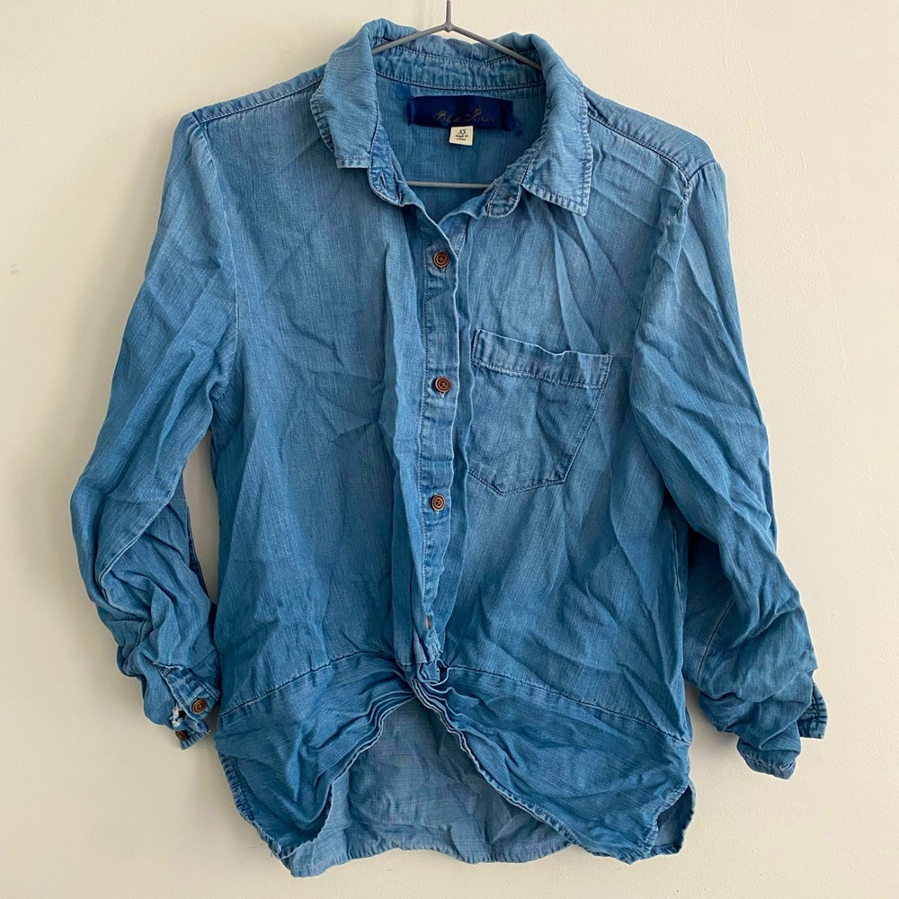 Denim Long Sleeve Top Roll Up Sleeves XS
